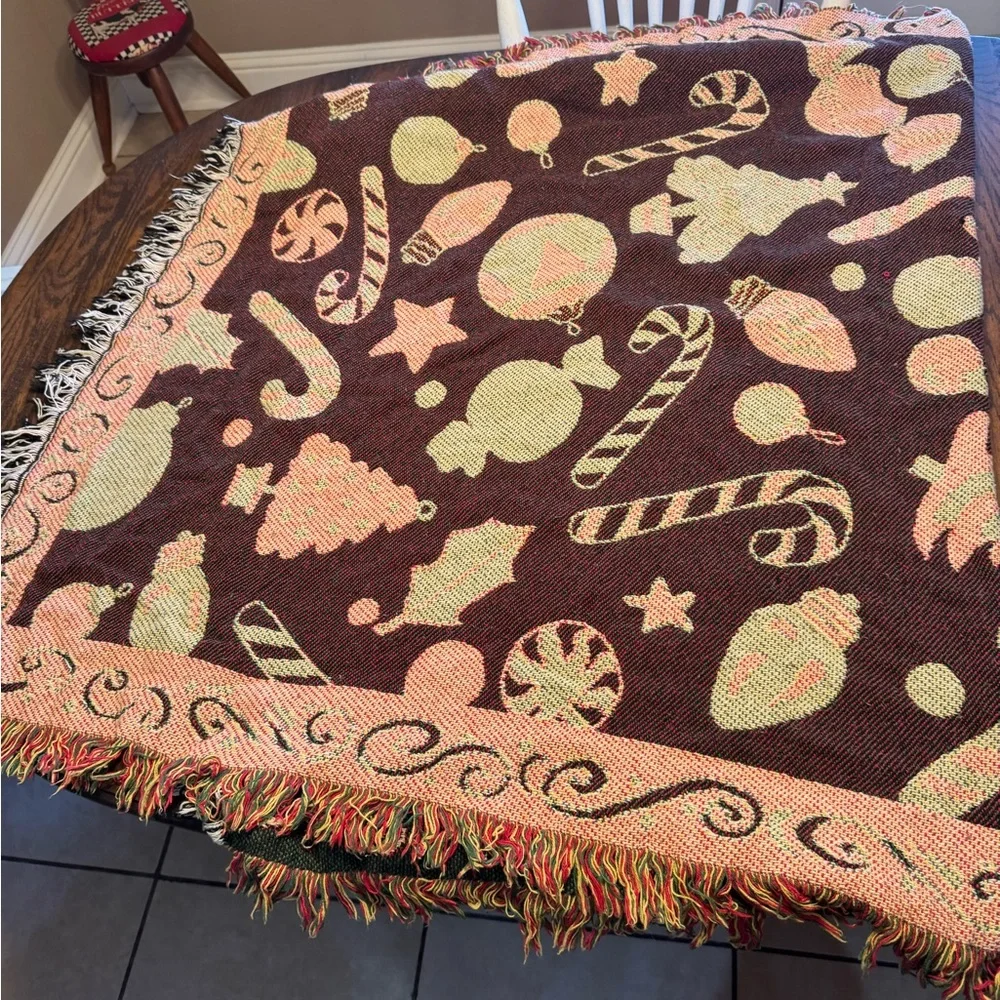 Festive Cream Holiday Throw Blanket with Red & Green Ornaments